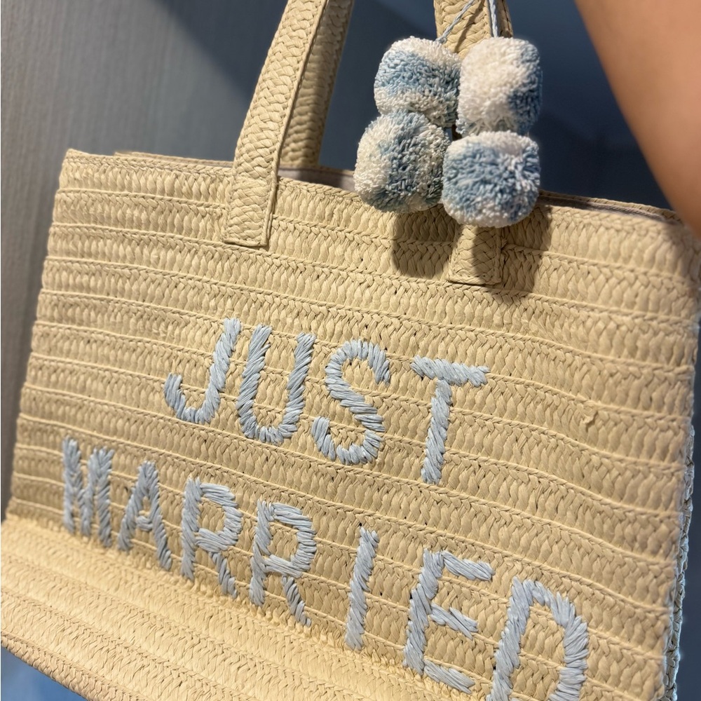 Tan and Blue Beach Tote with Woven Texture
